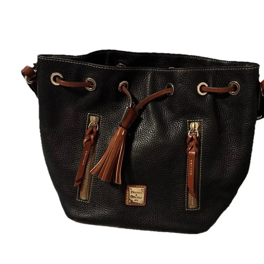 Dooney & Bourke Black Pebbled Leather Drawstring Bucket Bag with Brown Trim - Picture 2 of 11